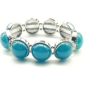 Ann Taylor Signed Teal Bead Stretch Bracelet Silver Tone Rhinestones Glam Bling